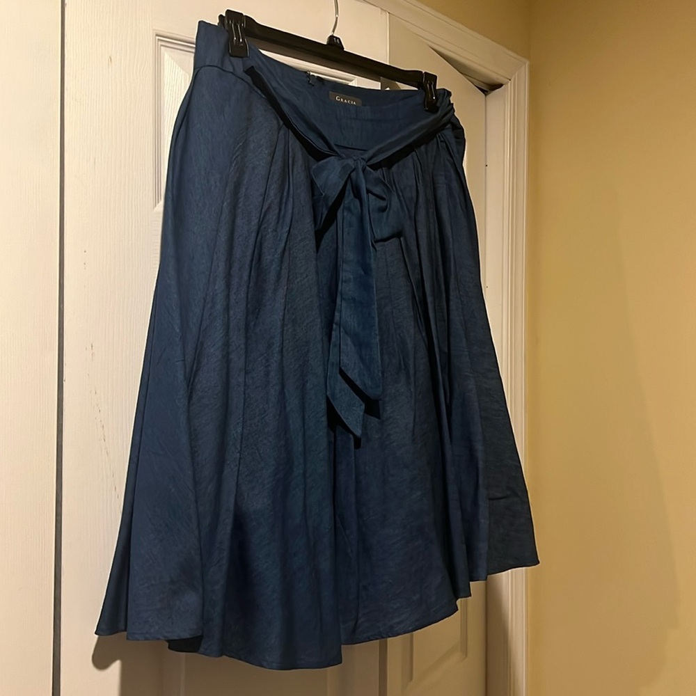 Denim color Gracia Fit and flare Circle skirt with tie at waist!